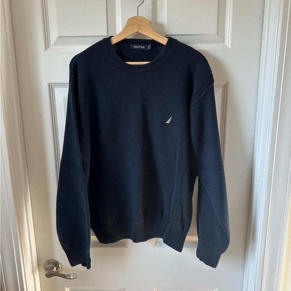 Nautica Black Crewneck Sweater with Ribbed Details